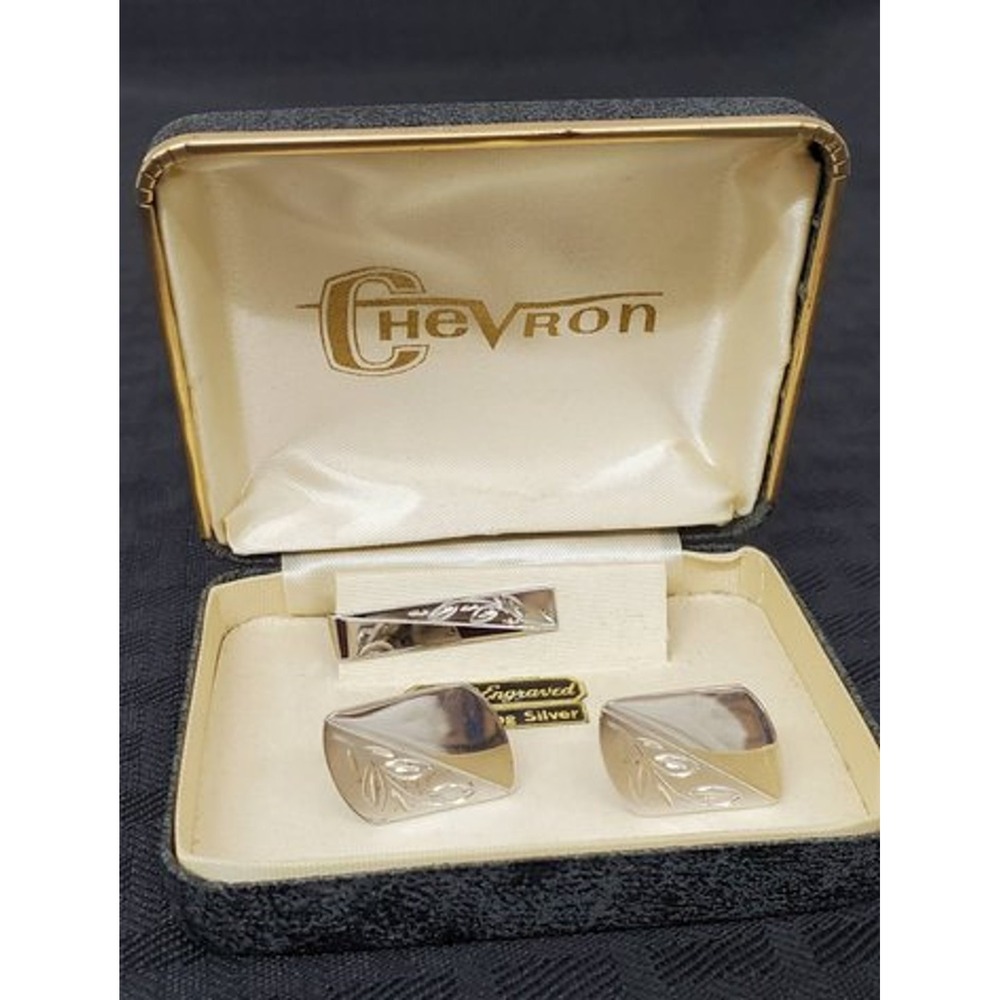 Vtg Simmons Sterling Silver Cufflinks and Tie Bar Set Chevron in Original Box